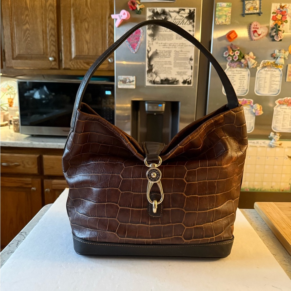 DB Brown Belverdere Crocodile Emboss Logo Lock Leather Hobo Shoulderbag